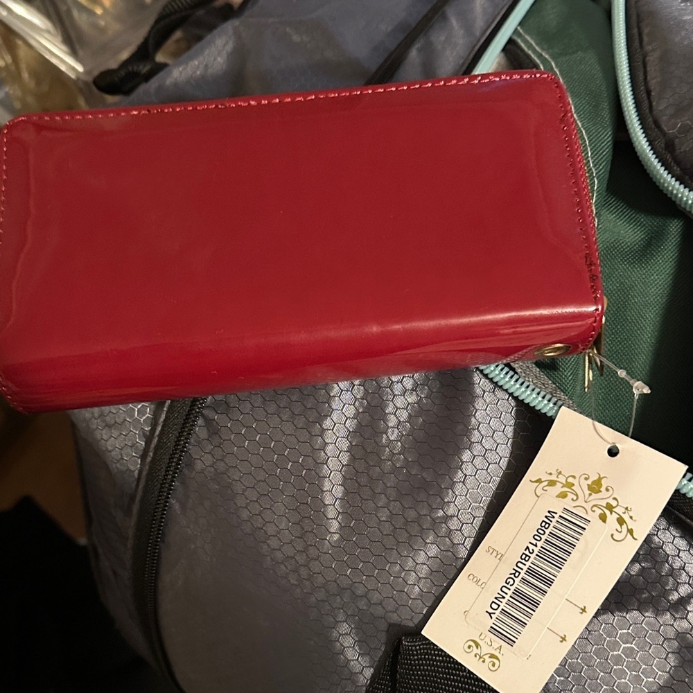 Red Patent Zip-Around Wallet with Gold Medallion Accent - Picture 2 of 5